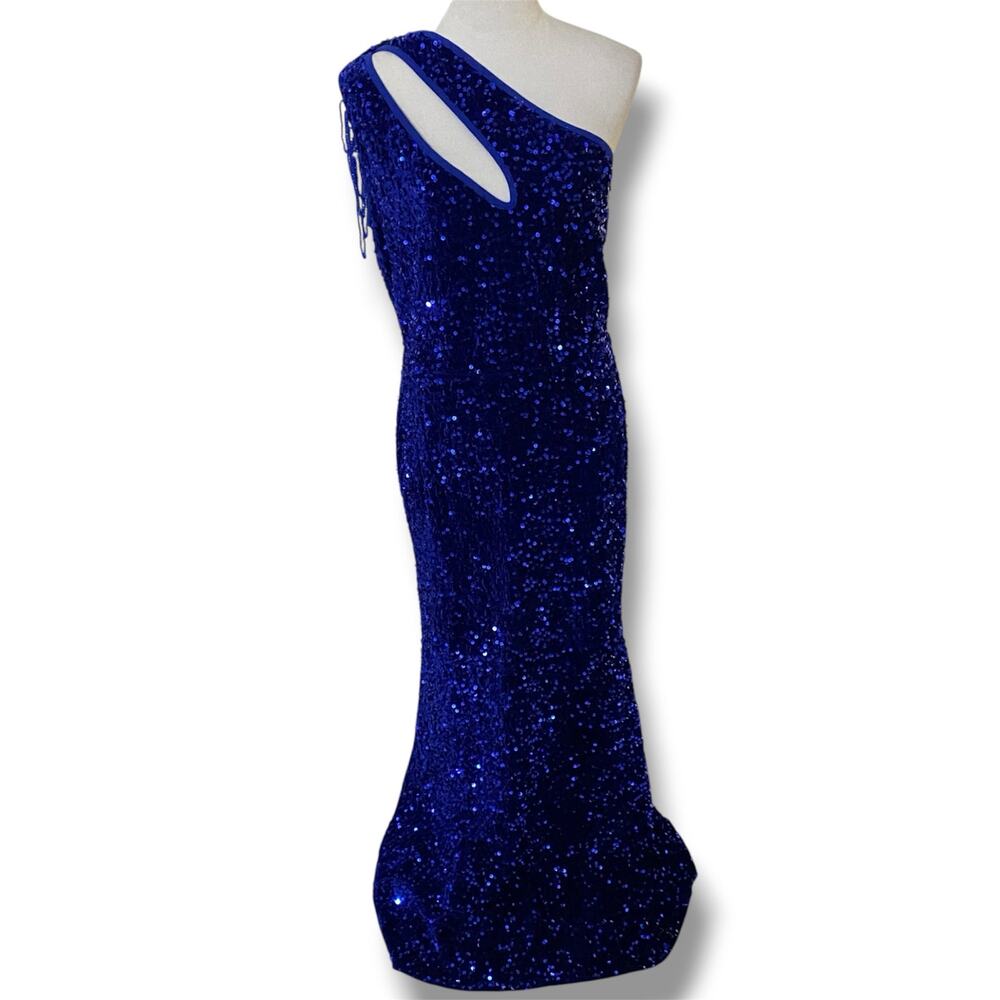 Formal Blue Sequin Full Length Dress Plus Size 2XL One Shoulder Stretch Knit